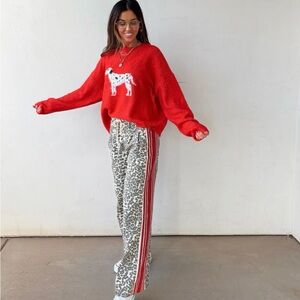 Stylish Leopard Print Pants with contrasting red athletic stripes.
